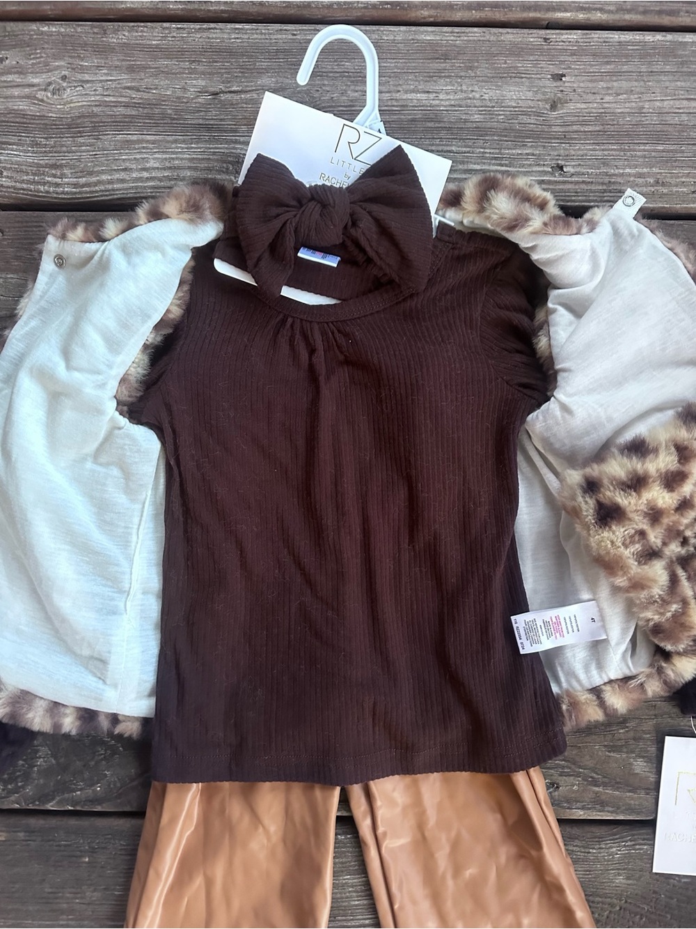 Rachel Zoe Girls Leopard Faux Fur Vest with Brown Top & Tan Pants Set 4 piece - Picture 4 of 9